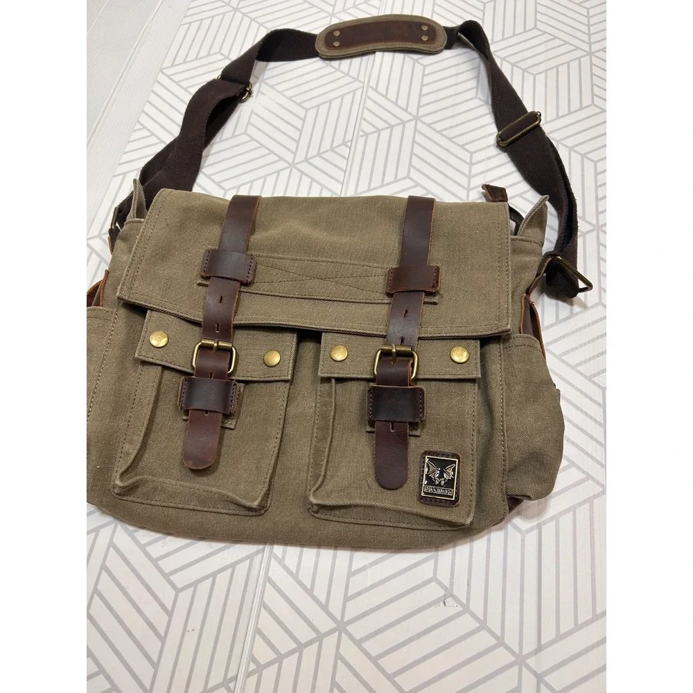 Military Leather Canvas Laptop Bag Messenger Medium Olive Travel Crossbody